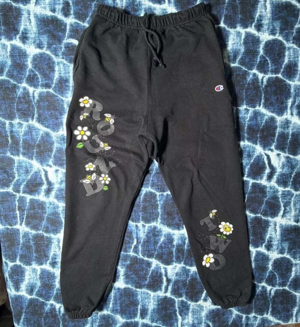 Round Two x Champion Black Reverse Weave Sweatpants with Flower and Bee Graphics